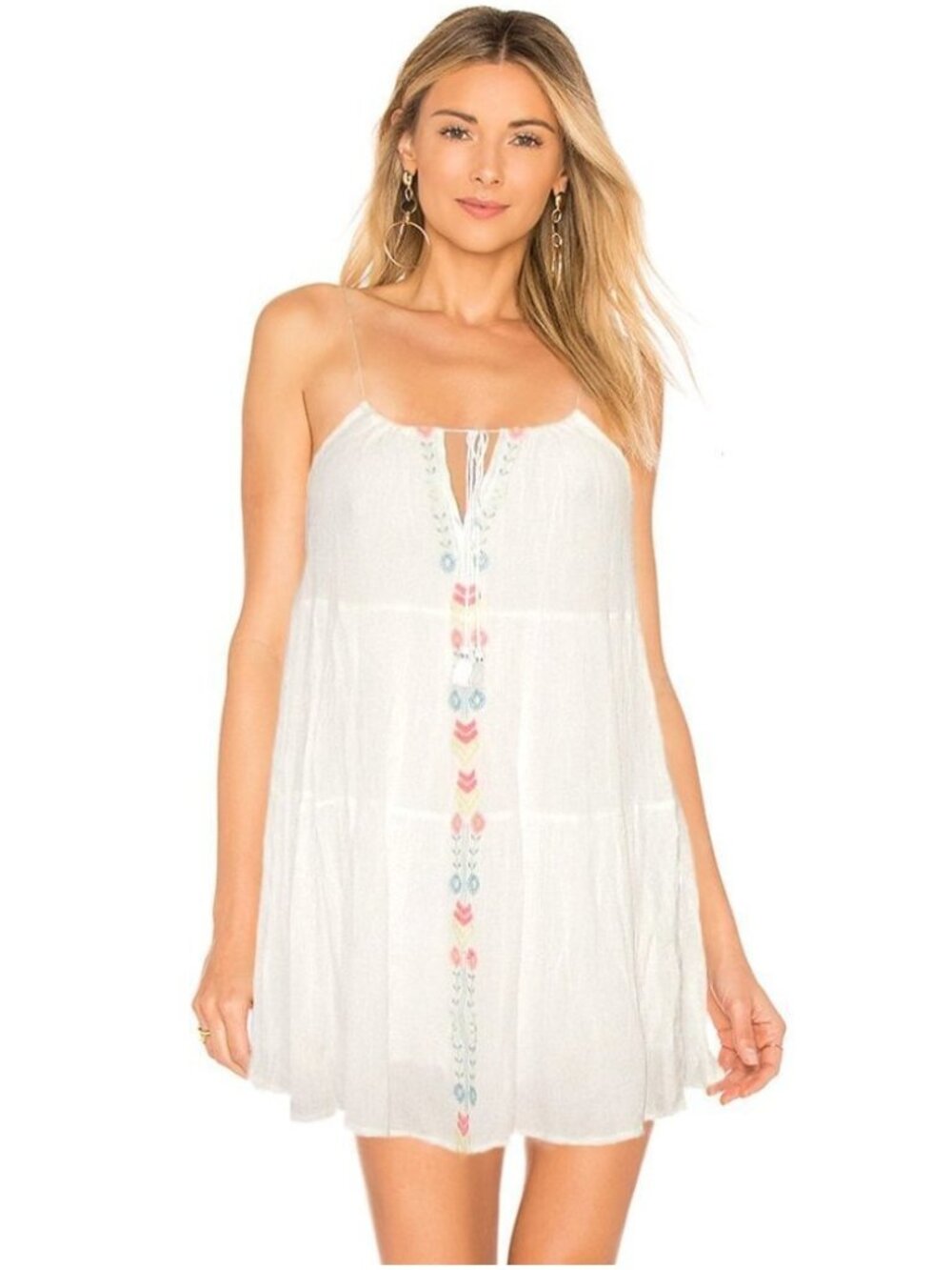 White Crepe Embroidered Drawstring Dress Small